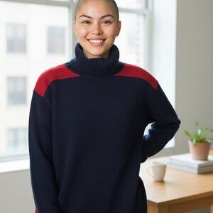 Dunhill Navy Blue And Red Stripe Turtle Neck 100% Merino Wool Size XL